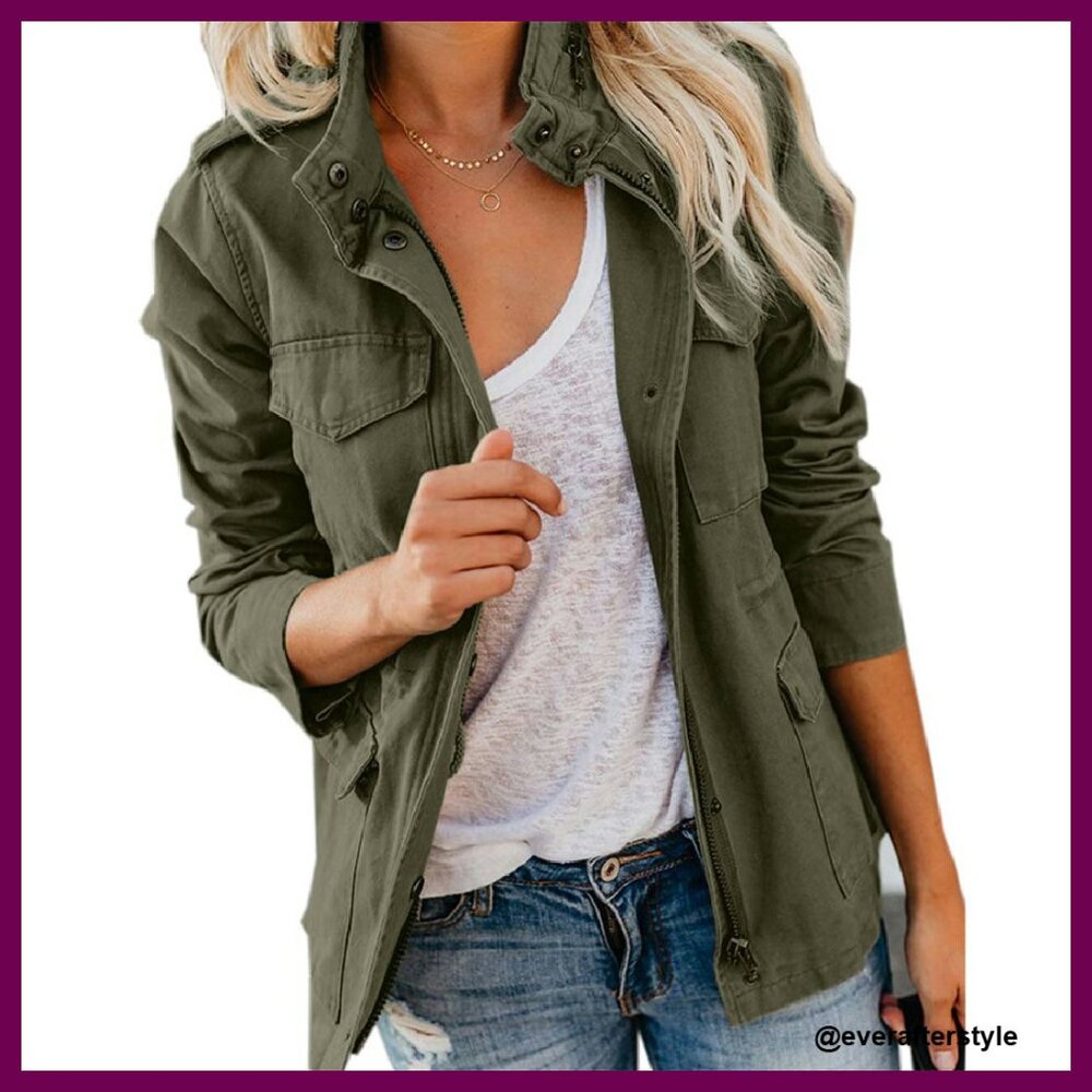 Military Anorak Jacket Zip Up Snap Buttons Utility Parka Chic Retro Y2k